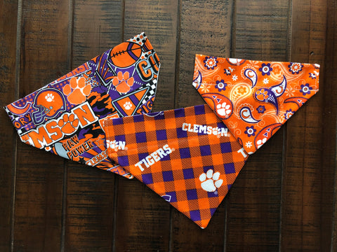 Clemson University Tigers Over-the-Collar Reversible Dog Bandanas ~ Four Sizes, Three Fabric Choices, Optional Personalization