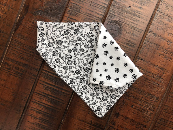 Black and White Flower Over-the-Collar Reversible Dog Bandana ~ Four Sizes, Optional Personalization
