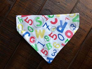 Numbers and Letters Over-the-Collar Reversible Dog Bandana ~ Four Sizes, Two Fabric Choices, Optional Personalization