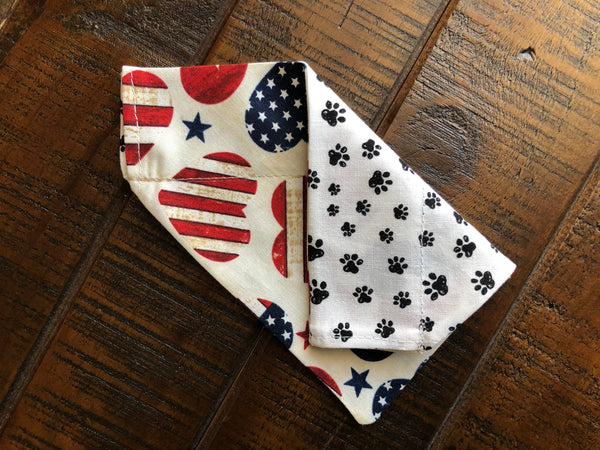 Flag Hearts Over-the-Collar Reversible Dog Bandana ~ Four Sizes, Optional Personalization