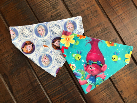 Frozen and Trolls Over-the-Collar Reversible Dog Bandanas ~ Two Fabric Options, Four Sizes, Optional Personalization