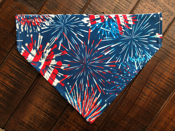 Patriotic Stars and Fireworks Over-the-Collar Reversible Dog Bandana ~ Four Sizes, Five Fabrics, Optional Personalization
