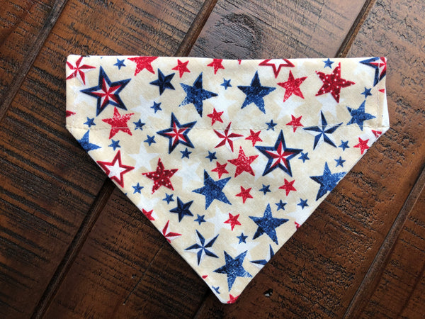 Patriotic Stars and Fireworks Over-the-Collar Reversible Dog Bandana ~ Four Sizes, Five Fabrics, Optional Personalization